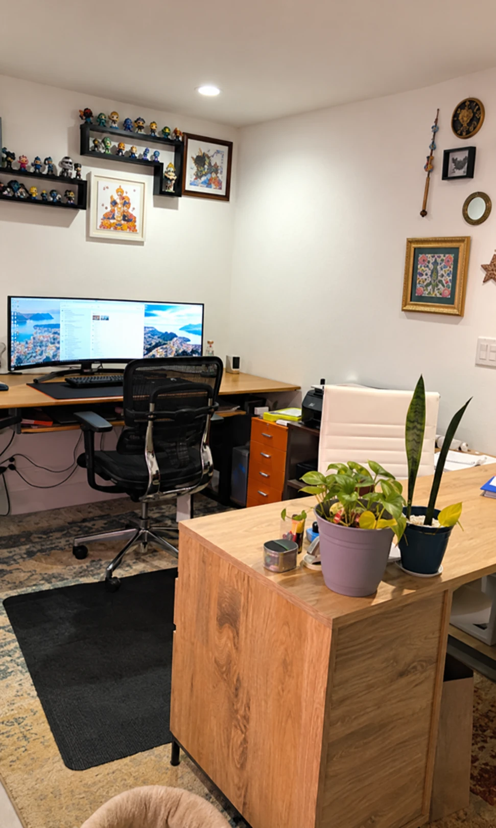 Home office with a desk, wood storage cabinet, framed wall art, and plants