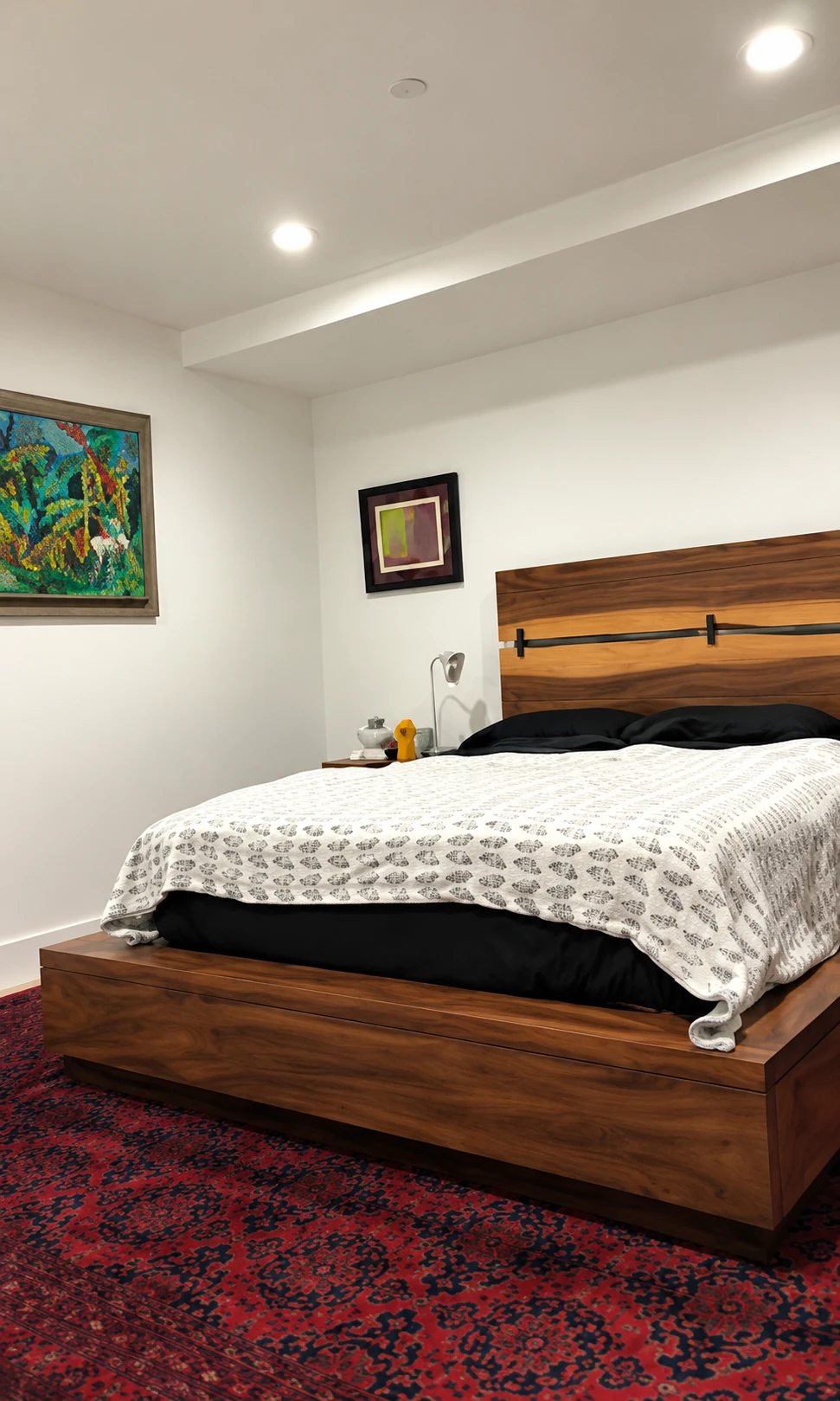 Bedroom with a wood platform bed, recessed lighting, and a red patterned rug